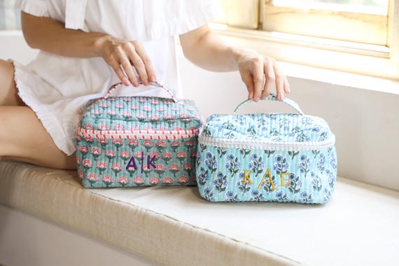Personalized Toiletry Bag Quilted Cotton Train Case, Boho Makeup Toiletry Bag, Travel Cosmetic Pouch, Bridesmaid Gift Embroidered Floral Bag