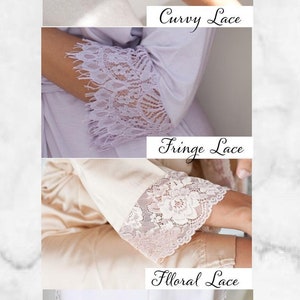 May include: A collage displaying four lace styles: Curvy, Fringe, Floral, and Willow. The image shows examples of each lace type in various colours, including blue, lilac, cream, and white, used on sleeves and hems.