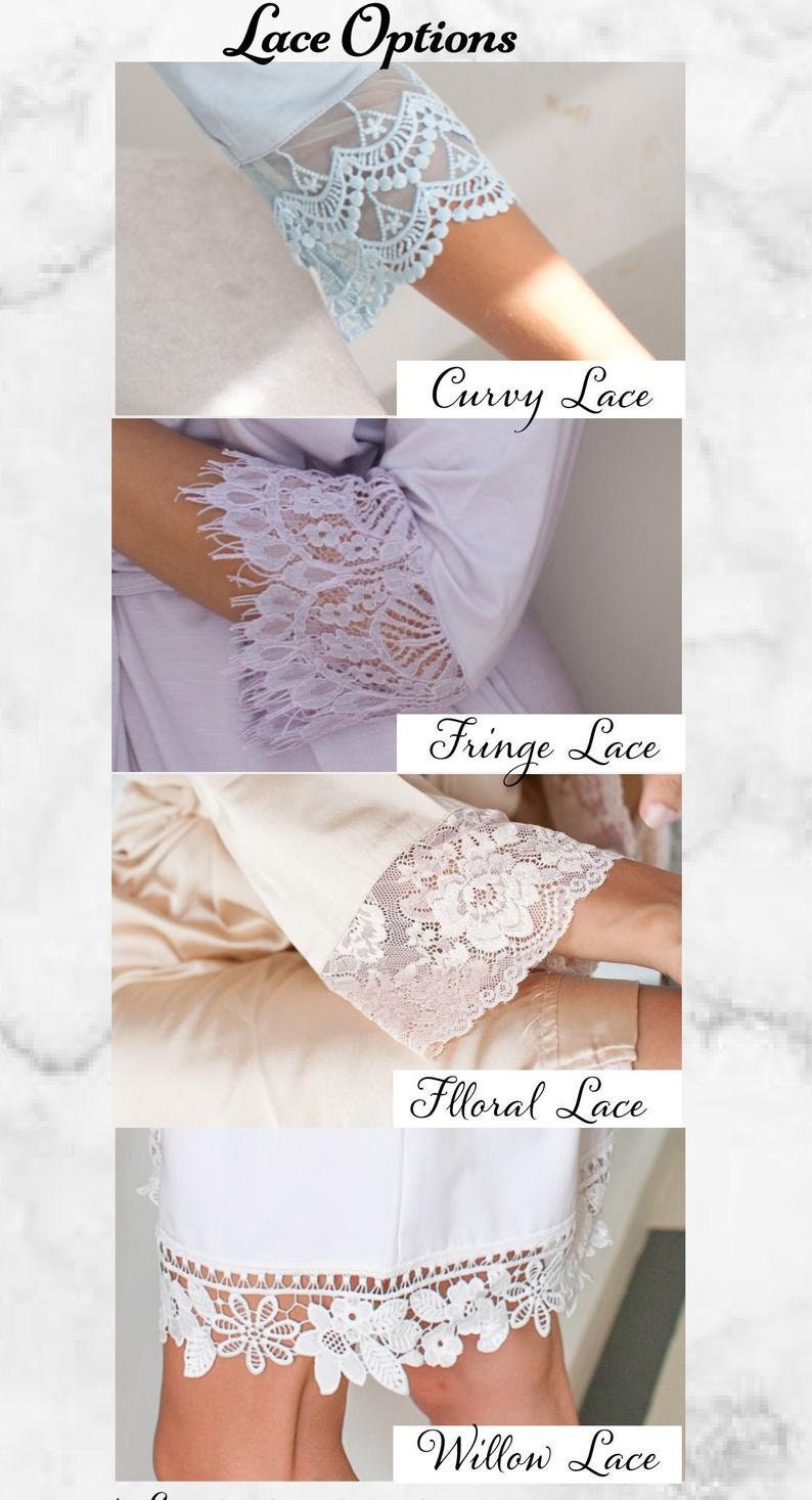 May include: A collage displaying four lace styles: Curvy, Fringe, Floral, and Willow. The image shows examples of each lace type in various colours, including blue, lilac, cream, and white, used on sleeves and hems.