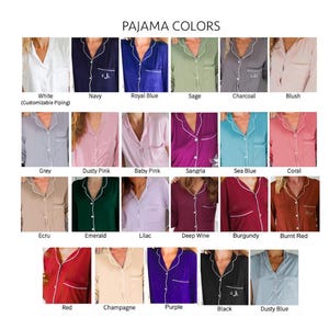 May include: A selection of pyjama sets in a range of colours: white, navy, royal blue, sage, charcoal, blush, grey, dusty pink, baby pink, sangria, sea blue, coral, ecru, emerald, lilac, deep wine, burgundy, burnt red, red, champagne, purple, black, and dusty blue. Each set has a button-down top with white piping.
