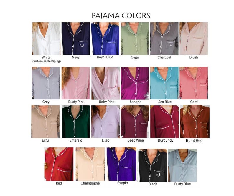 May include: A selection of pyjama sets in a range of colours: white, navy, royal blue, sage, charcoal, blush, grey, dusty pink, baby pink, sangria, sea blue, coral, ecru, emerald, lilac, deep wine, burgundy, burnt red, red, champagne, purple, black, and dusty blue. Each set has a button-down top with white piping.