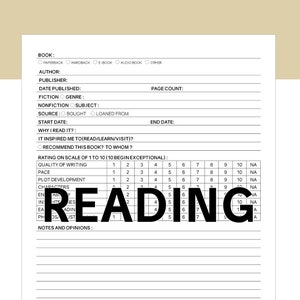 Diario de seguimiento de lectura, Planificador de registros de reseñas de libros imprimibles, Plantilla Pdf, Descarga digital instantánea, Tamaño carta de 8,5 x 11 EE. UU.