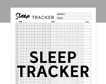 May include: A black and white printable sleep tracker with a grid for tracking hours of sleep. The tracker has columns for PM hours 1-12 and AM hours 1-12. The text "Sleep Tracker" is printed in large bold letters.