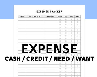May include: A black and white printable expense tracker with columns for date, description, amount, cash, credit, need, and want. The tracker has checkboxes for each category.
