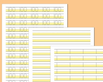 Folha de prática de caligrafia em papel destacado linhas amarelas número de rastreamento 1-100 modelo de escrita para impressão em PDF