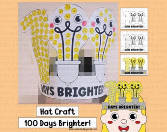 100th Day of School Hat Craft 100 Days Brighter! Crown Bulb Headband Template for Kids Kindergarten Printable Coloring Pages Projects