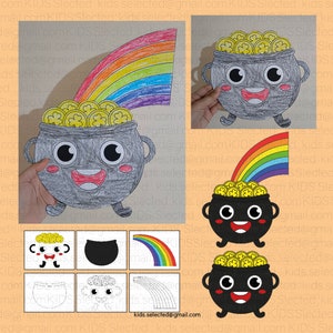 May include: A printable craft activity for kids featuring a pot of gold at the end of a rainbow. The craft includes a black and white outline of the pot of gold and rainbow, as well as a colored version of the pot of gold and rainbow.