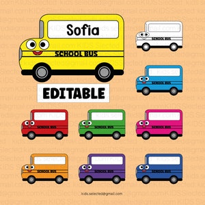 Editable Name Tags for Kids Printable Student Desk Name Plate Label Colorful School Bus Rainbow Vehicle Transportation Theme Classroom Decor