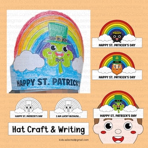 Puede incluir: Una actividad de manualidades y escritura de sombrero para el Día de San Patricio para imprimir. La manualidad incluye un arcoíris, nubes y un trébol. La actividad de escritura incluye un espacio en blanco para que los niños escriban por qué son afortunados. El texto de la página dice "Feliz Día de San Patricio" y "Soy afortunado porque..."
