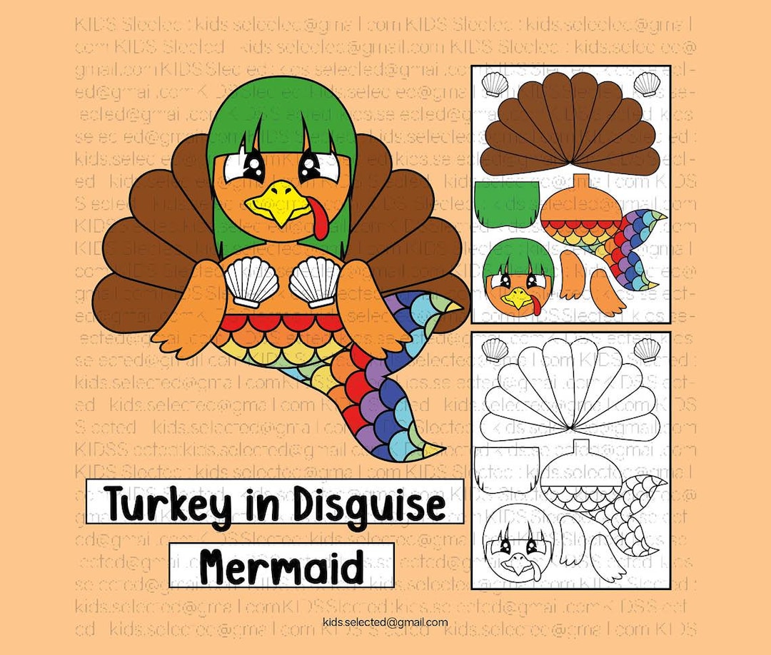 Turkey in Disguise Mermaid Template Thanksgiving Craft Cut and Paste