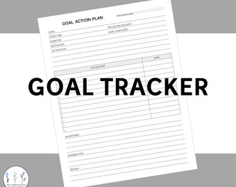 May include: A black and white printable goal tracker worksheet with the text "GOAL TRACKER" in bold letters. The worksheet includes sections for goal action plan, action steps, milestones, roadblocks, and review.
