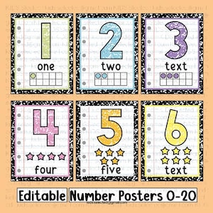 May include: Six rectangular educational posters featuring numbers one through six on a white lined paper background with black and white speckled borders. Each poster displays a large colorful number, its written name, and a corresponding ten-frame or star count.