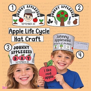 May include: A printable paper hat craft set featuring Johnny Appleseed themes. The designs include illustrations of apples, trees, and life cycle diagrams with text such as Johnny Appleseed, Apple Life Cycle Hat Craft, and September 30.