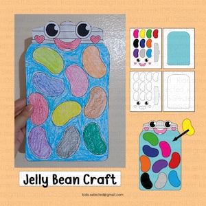 Op de afbeelding: Een printbare knutselactiviteit voor kinderen om in te kleuren en uit te knippen, een pot met jelly beans. De pot heeft een lachend gezicht met oogjes en hartjes. De jelly beans zijn in verschillende kleuren en vormen. De tekst "Jelly Bean Craft" staat onderaan de afbeelding.
