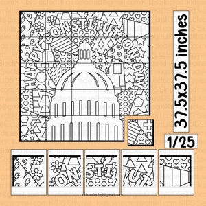 Pode incluir: Um quebra-cabeça para colorir em preto e branco com o edifício do Capitólio dos EUA e a palavra "CONSTITUTION". O quebra-cabeça mede 95,25 x 95,25 cm e é dividido em 25 peças. A palavra "HAPPY" também é visível.