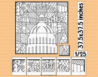 May include: A black and white coloring puzzle featuring the U.S. Capitol building and the word "CONSTITUTION". The puzzle measures 37.5 x 37.5 inches and is divided into 25 pieces. The word "HAPPY" is also visible.