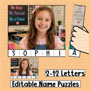 May include: An editable name puzzle featuring a photograph of a smiling child with long brown hair and a pink shirt. The puzzle is divided into vertical segments, each containing a single black letter spelling the name SOPHIA, with a hand icon.