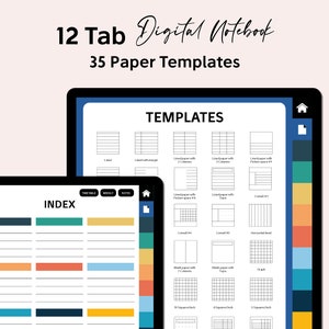 May include: A digital notebook app interface with 12 tabs and 35 paper templates. The app has a dark blue and black interface with a white background. The tabs are labeled "Timetable", "Weekly", "Notes", and "Index". The templates include lined paper, graph paper, and Cornell notes.