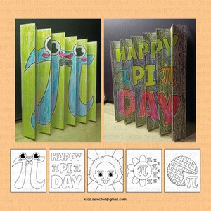 Puede incluir: Un conjunto de páginas para colorear imprimibles con un personaje de dibujos animados con una corbata de lazo y el símbolo matemático pi, una pancarta que dice "Feliz Día de Pi", un dibujo animado de Albert Einstein, una flor con el símbolo pi en el centro y un pastel con una rebanada quitada.