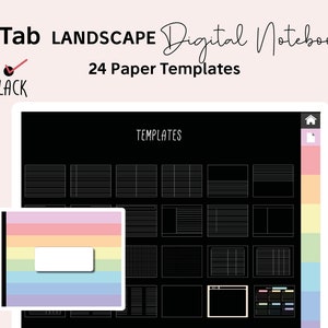 Digital Notebook Dark Mode Landscape Black Paper 7 Pastel Hyperlinked Tabs for Goodnotes Notability Dot Cornells Grid Blank Lined Templates
