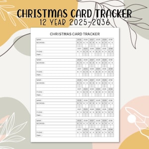Christmas Card Tracker 2025-2036 Modello stampabile di 12 anni PDF Download immediato Elenco indirizzi biglietti di Natale Planner