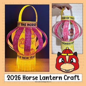 Puede incluir: Una manualidad de farolillo de papel para el Año Nuevo Chino. El farolillo es una vibrante mezcla de amarillo, morado y rojo, con las palabras "Año del Caballo" y "Año Nuevo Chino" impresas. La imagen también incluye una ilustración de la cara de un caballo.