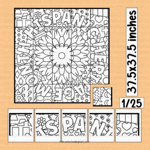 May include: A black and white coloring page puzzle with a 5x5 grid. The puzzle features a large flower in the center surrounded by words like "SPAN", "NOW", "AGE", and "CHER". The puzzle is 37.5 inches by 37.5 inches and is 1/25 of the original image.