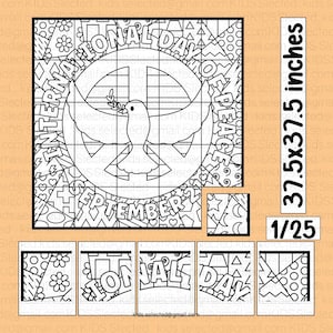 Könnte beinhalten: Eine Schwarzweiß-Malvorlage mit einem Gitternetz darüber. Das Bild zeigt eine Taube mit einem Olivenzweig im Schnabel, ein Friedenssymbol und den Text "Internationaler Tag des Friedens 21. September". Das Bild ist 95,25 cm x 95,25 cm groß und Teil eines 25-teiligen Puzzles.