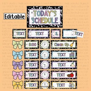 May include: A digital classroom schedule set featuring a black and white composition notebook pattern border. The set includes a large header reading TODAY'S SCHEDULE, multiple editable text boxes, analog clock faces, and colorful bow icons.