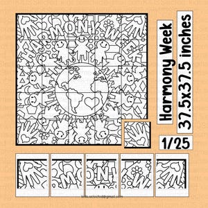 Peut inclure: Puzzle noir et blanc représentant une carte du monde avec un cœur au centre. Le puzzle est intitulé "Harmony Week" et mesure 37,5x37,5 pouces. Le puzzle représente 1/25 de l'image complète.