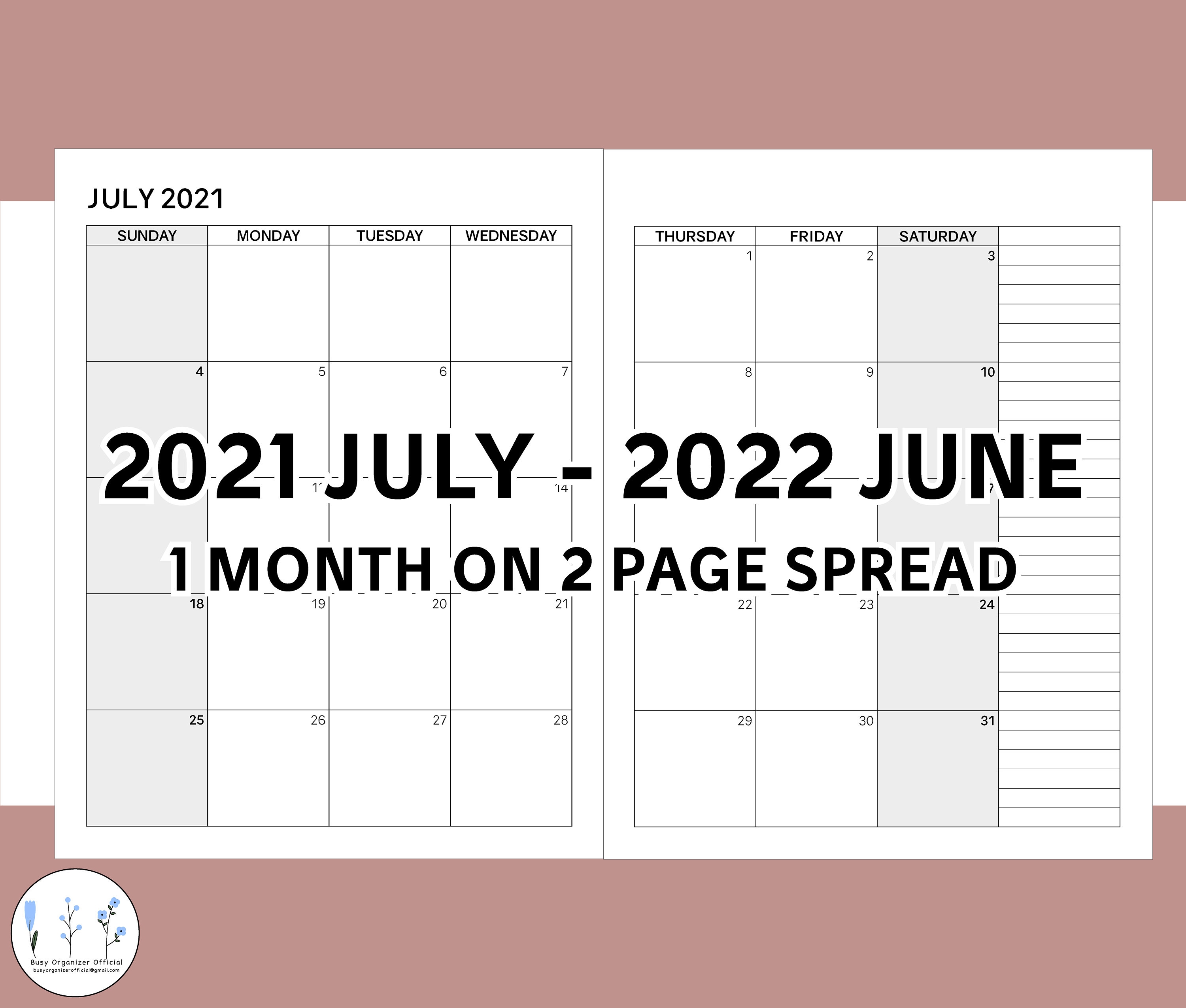 2021 2022 monthly calendar printable july to june 2 page etsy