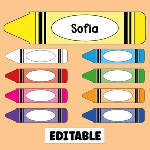 May include: A set of printable crayon labels with the name "Sofia" on the yellow crayon and blank spaces for names on the other crayons. The crayons are in the colors white, red, pink, purple, blue, green, orange, and light blue.