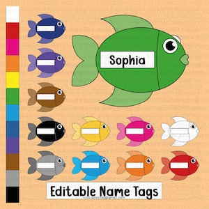 Editable Name Tags Fish for Kids Printable Student Desk Name Plate Label Colorful Rainbow Theme Animal Classroom Decor