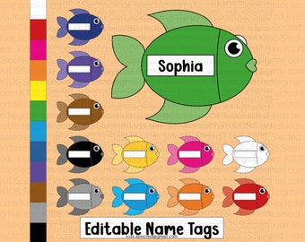 May include: Editable name tags featuring a colorful fish design. The name tag is blank and can be personalized with a name. The fish are in various colors, including blue, green, yellow, red, orange, black, white, and gray.