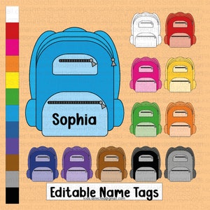 Puede incluir: Etiquetas de nombre editables con una variedad de diseños de mochilas en diferentes colores. Las etiquetas son personalizables con un nombre y se pueden usar para la escuela, la guardería u otras actividades. El texto "Etiquetas de nombre editables" se muestra en la parte inferior de la imagen.
