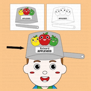 May include: A printable craft template for a paper hat shaped like a bucket with three apples on the front. The apples have faces and the bucket says "Richard Appleseed".