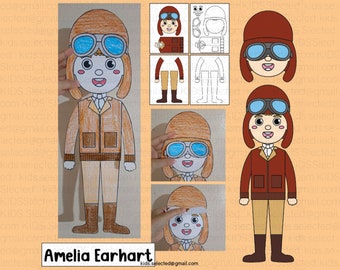 Tablón de anuncios del mes de la historia de la mujer, Amelia Earhart, manualidades, cortar y pegar, páginas para colorear, actividades, arte, decoraciones imprimibles para puertas