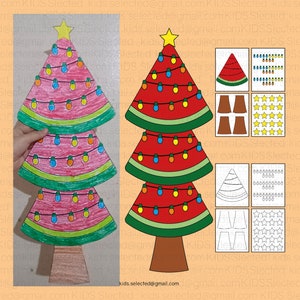May include: A printable craft activity for kids to create a watermelon Christmas tree. The craft includes a template for a three-tiered tree, a template for a star, and templates for lights and ornaments. The craft also includes a template for a watermelon slice, a template for a tree trunk, and a template for stars.