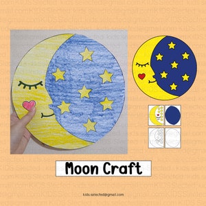 May include: A craft project for making a moon with a sleeping face and stars. The moon is yellow with a blue crescent moon shape. The crescent moon has stars on it. The craft project includes a template for the moon and stars.