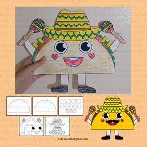 Tablón de anuncios del Cinco de Mayo de Taco Craft, página para colorear, actividades, decoración del aula, cortar y pegar, imprimible para niños de jardín de infantes