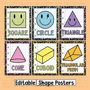 May include: Six educational posters featuring geometric shapes: a green square, blue circle, purple triangle, pink cone, yellow cuboid, and yellow triangular prism. Each poster has a black and white speckled border and the shape name printed below.