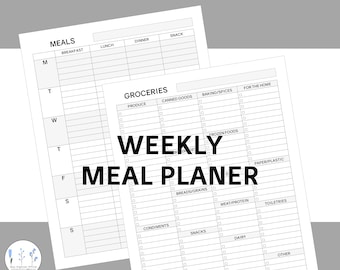 May include: A black and white printable weekly meal planner with a grocery list. The meal planner has a section for each day of the week, with columns for breakfast, lunch, dinner, and snack. The grocery list is divided into categories, such as produce, canned goods, baking/spices, frozen foods, breads/grains, meat/protein, toiletries, condiments, snacks, dairy, and other.