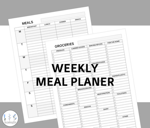 Weekly Meal Planner and Grocery List Printable Food Shopping List Pdf Template Digital Instant Download