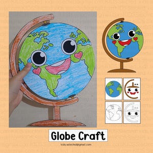 May include: A colourful globe craft with a smiling face and hearts. The globe is on a brown stand. There are also three smaller images of the globe, one coloured, one with just the outline, and one with the outline and a smiling face.