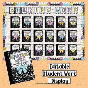 May include: A classroom display set featuring a banner that reads AMAZING WORK and multiple black and white composition notebook graphics. Each notebook displays the text AMAZING WORK coming soon with a colorful bow. The border features smiley faces.