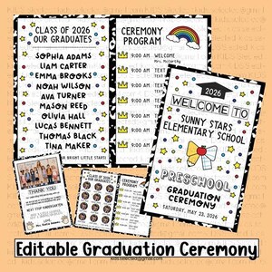 May include: A collection of printable graduation ceremony templates. The designs include a program, a list of graduates, and a thank you card. The templates feature a black and white border with colorful accents, stars, and a rainbow.