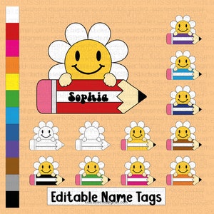 Editable Name Tags for Kids Printable Student Desk Name Plate Label Colorful Groovy Flower Rainbow Spring Classroom Decor Theme