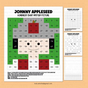 Puede incluir: Una imagen en blanco y negro de una tabla de cien con una imagen misteriosa. La imagen es de una cara sonriente con una manzana roja en la cabeza. La tabla está etiquetada como "Johnny Appleseed Hundreds Chart Mystery Picture".