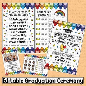 May include: A collection of colorful graduation ceremony printables. The designs include a program, a list of graduates, and a welcome sign for Sunny Stars Elementary School. The text includes the year 2026 and the date of the ceremony.