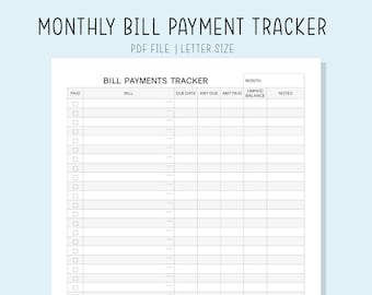 Monthly Bill Payment Tracker Printable Pdf Inserts Digital File Instant Download Checklist for Budget Planner and Expense Organizer